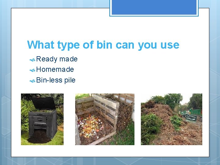 What type of bin can you use Ready made Homemade Bin-less pile 