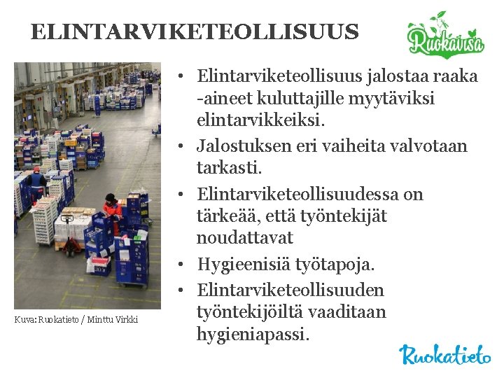 ELINTARVIKETEOLLISUUS Kuva: Ruokatieto / Minttu Virkki • Elintarviketeollisuus jalostaa raaka -aineet kuluttajille myytäviksi elintarvikkeiksi.