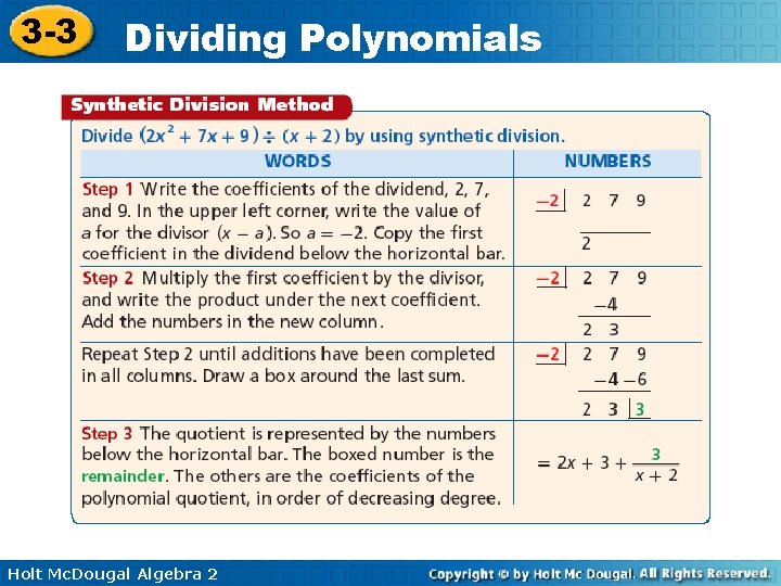 3 -3 Dividing Polynomials Holt Mc. Dougal Algebra 2 