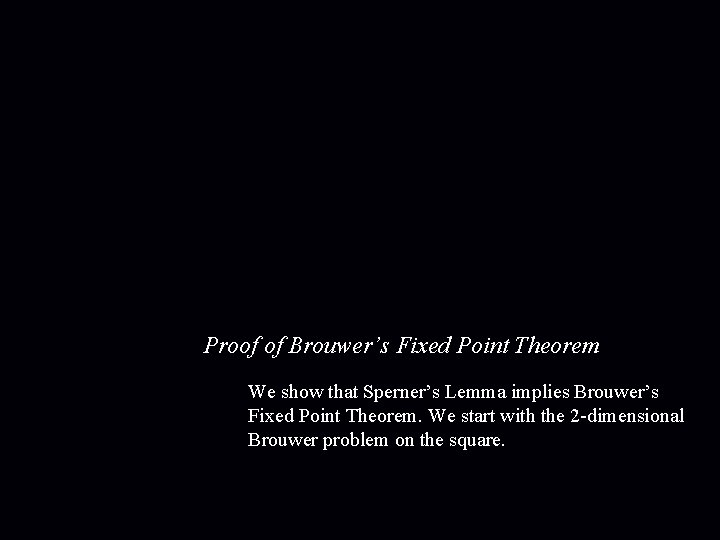 Proof of Brouwer’s Fixed Point Theorem We show that Sperner’s Lemma implies Brouwer’s Fixed