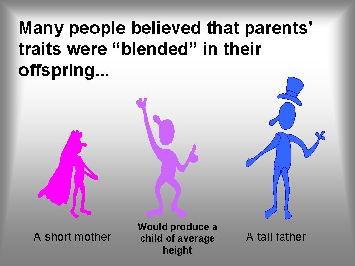 Many people believed that parents’ traits were “blended” in their offspring. . . A