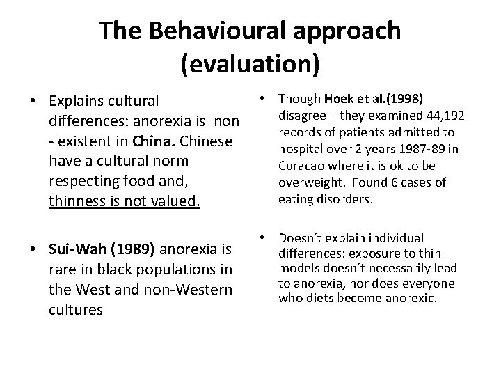 The Behavioural approach (evaluation) • Explains cultural differences: anorexia is non - existent in The Behavioural approach (evaluation) • Explains cultural differences: anorexia is non - existent in