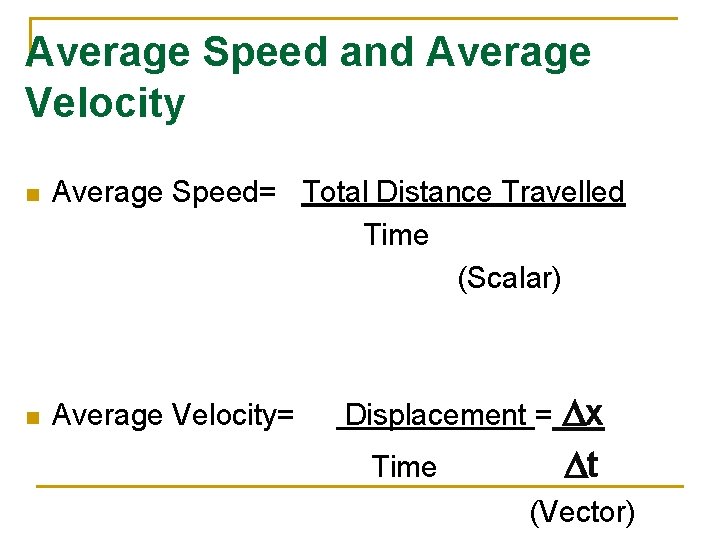 Average Speed and Average Velocity n Average Speed= Total Distance Travelled Time (Scalar) n
