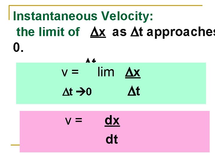 Instantaneous Velocity: the limit of Dx as Dt approaches 0. Dt v = lim