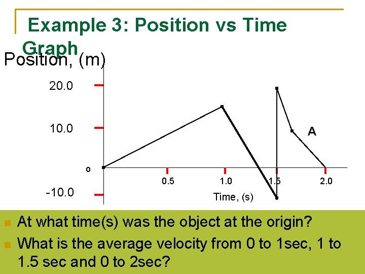 Example 3: Position vs Time Graph Position, (m) 20. 0 10. 0 A o
