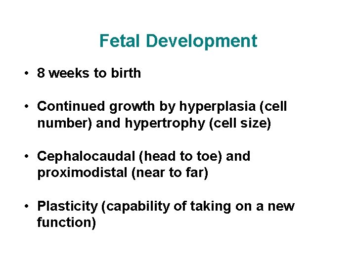 Fetal Development • 8 weeks to birth • Continued growth by hyperplasia (cell number)