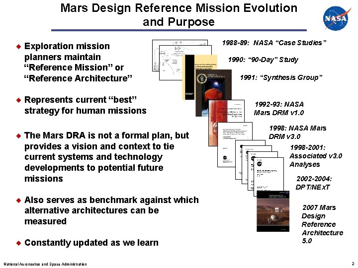 Mars Design Reference Mission Evolution and Purpose Exploration mission planners maintain “Reference Mission” or