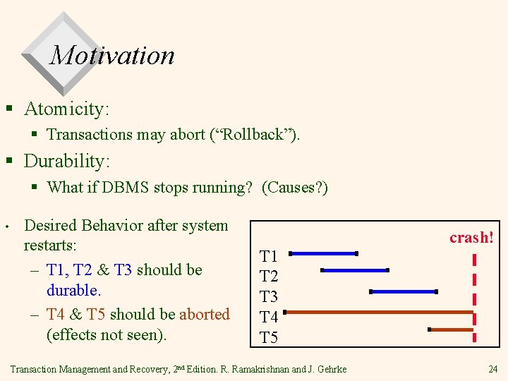 Motivation § Atomicity: § Transactions may abort (“Rollback”). § Durability: § What if DBMS