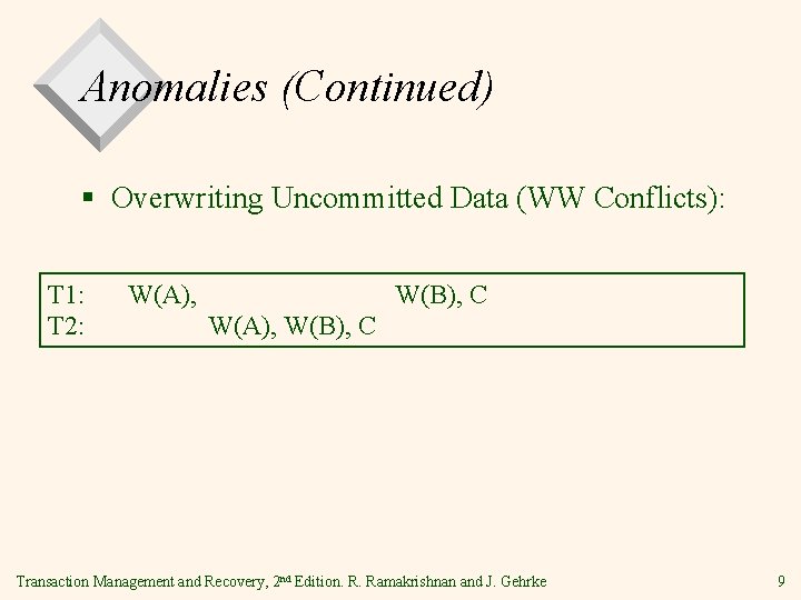 Anomalies (Continued) § Overwriting Uncommitted Data (WW Conflicts): T 1: T 2: W(A), W(B),