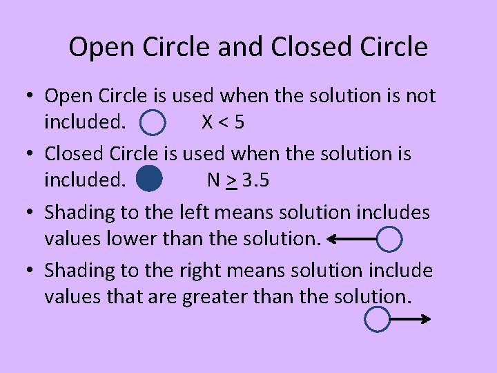 Open Circle and Closed Circle • Open Circle is used when the solution is