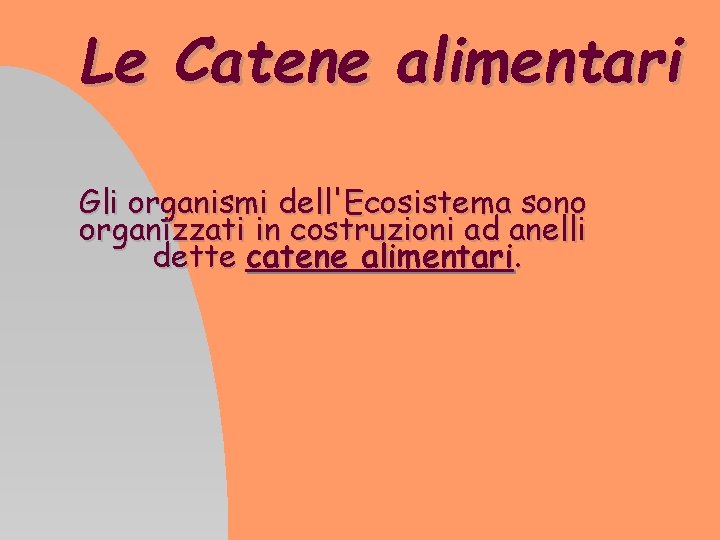 Le Catene alimentari Gli organismi dell'Ecosistema sono organizzati in costruzioni ad anelli dette catene