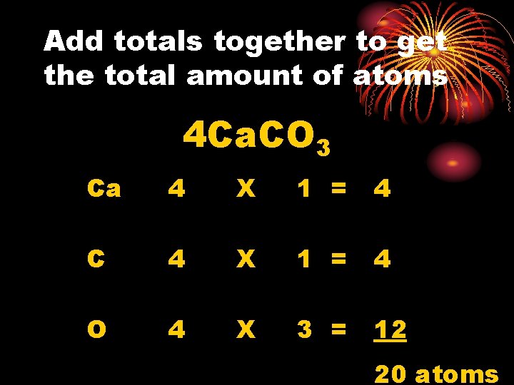 Add totals together to get the total amount of atoms 4 Ca. CO 3