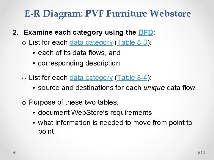 E-R Diagram: PVF Furniture Webstore 2. Examine each category using the DFD: o List E-R Diagram: PVF Furniture Webstore 2. Examine each category using the DFD: o List