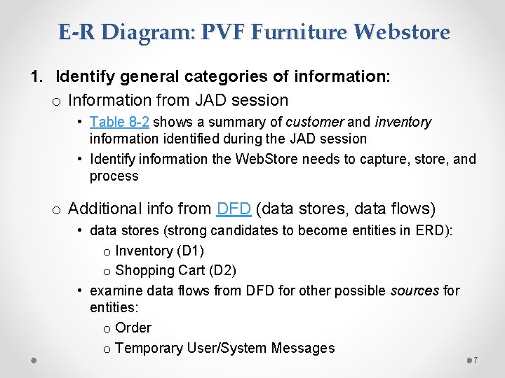 E-R Diagram: PVF Furniture Webstore 1. Identify general categories of information: o Information from E-R Diagram: PVF Furniture Webstore 1. Identify general categories of information: o Information from