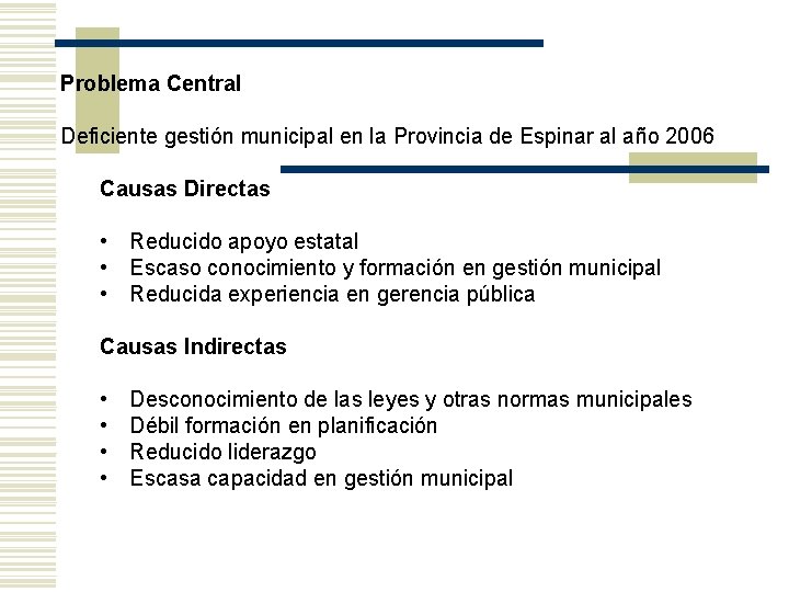 Problema Central Deficiente gestión municipal en la Provincia de Espinar al año 2006 Causas