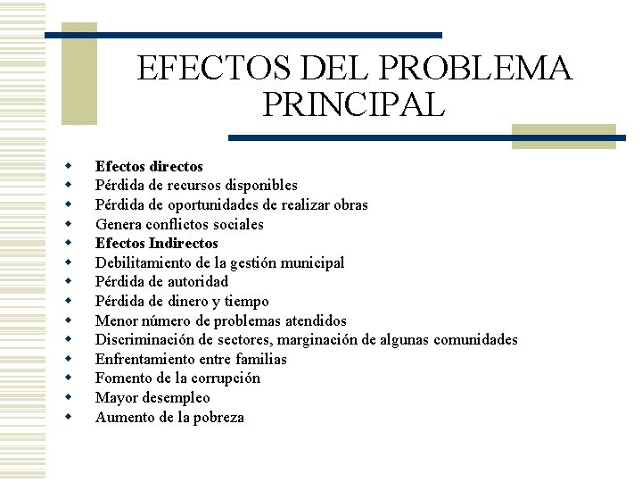 EFECTOS DEL PROBLEMA PRINCIPAL w w w w Efectos directos Pérdida de recursos disponibles