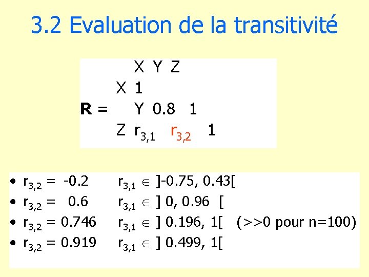 3. 2 Evaluation de la transitivité X Y Z X 1 R = Y