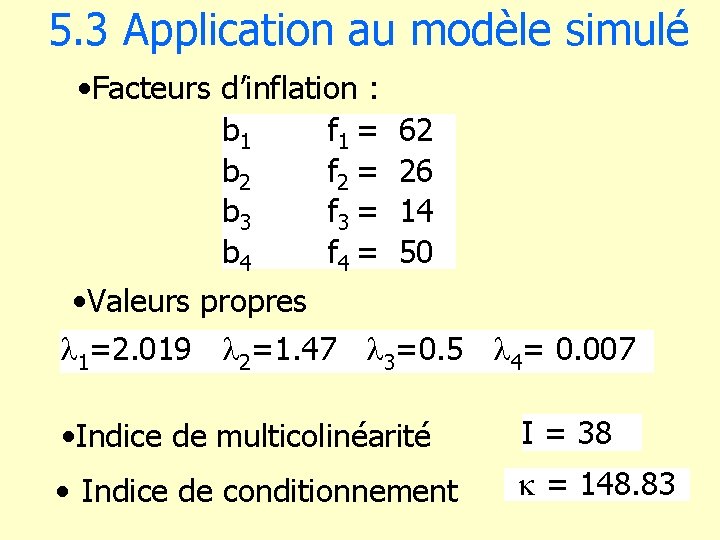 5. 3 Application au modèle simulé • Facteurs d’inflation : b 1 f 1