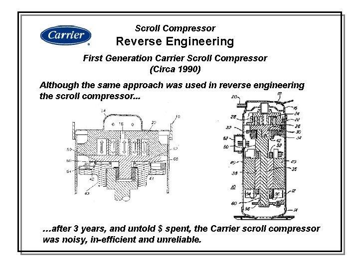 Scroll Compressor Reverse Engineering First Generation Carrier Scroll Compressor (Circa 1990) Although the same