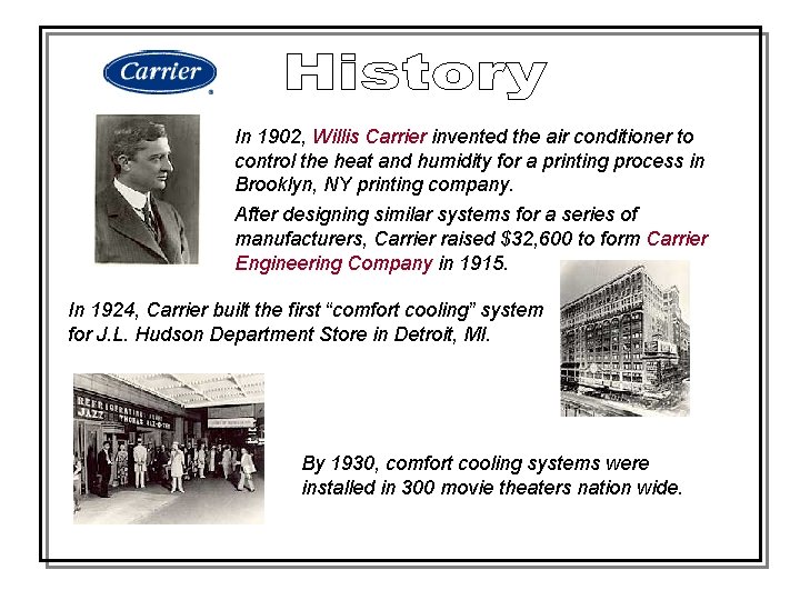 In 1902, Willis Carrier invented the air conditioner to control the heat and humidity