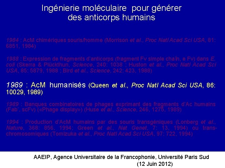 Ingénierie moléculaire pour générer des anticorps humains 1984 : Ac. M chimériques souris/homme (Morrison