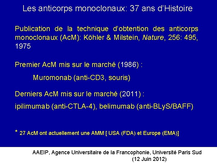 Les anticorps monoclonaux: 37 ans d’Histoire Publication de la technique d’obtention des anticorps monoclonaux