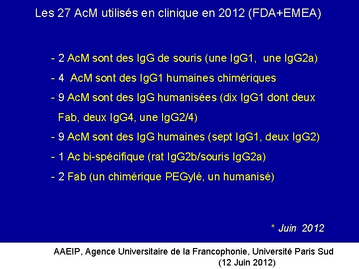 Les 27 Ac. M utilisés en clinique en 2012 (FDA+EMEA) - 2 Ac. M