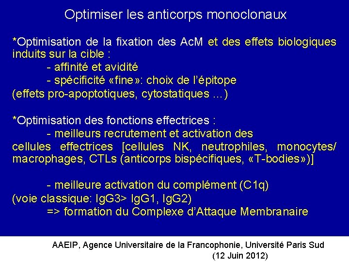 Optimiser les anticorps monoclonaux *Optimisation de la fixation des Ac. M et des effets