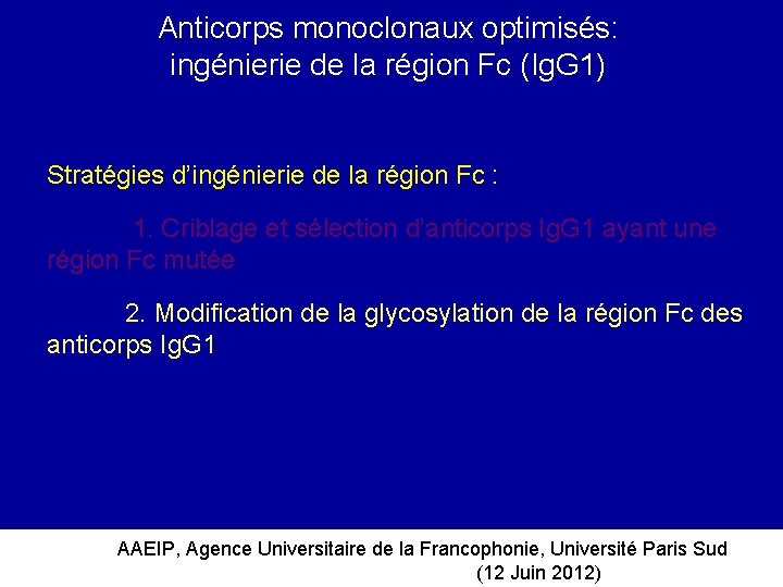 Anticorps monoclonaux optimisés: ingénierie de la région Fc (Ig. G 1) Stratégies d’ingénierie de