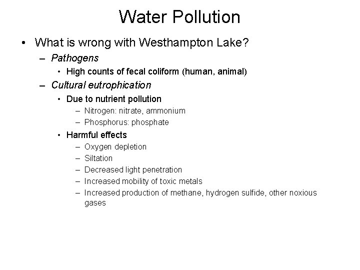 Water Pollution • What is wrong with Westhampton Lake? – Pathogens • High counts