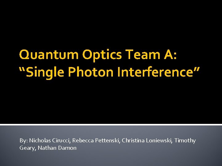 Quantum Optics Team A: “Single Photon Interference” By: Nicholas Cirucci, Rebecca Pettenski, Christina Loniewski,