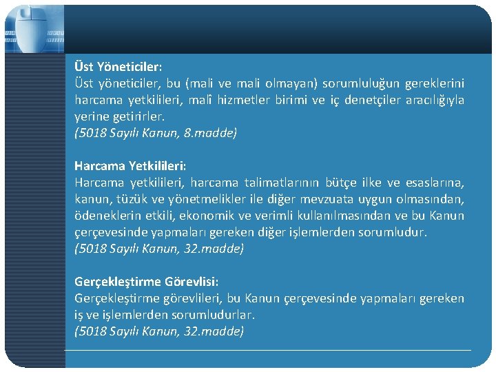 Üst Yöneticiler: Üst yöneticiler, bu (mali ve mali olmayan) sorumluluğun gereklerini harcama yetkilileri, malî