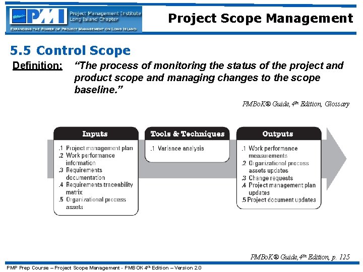 Project Scope Management 5. 5 Control Scope Definition: “The process of monitoring the status