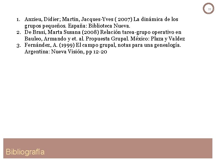 33 1. Anzieu, Didier; Martin, Jacques-Yves ( 2007) La dinámica de los grupos pequeños. 33 1. Anzieu, Didier; Martin, Jacques-Yves ( 2007) La dinámica de los grupos pequeños.