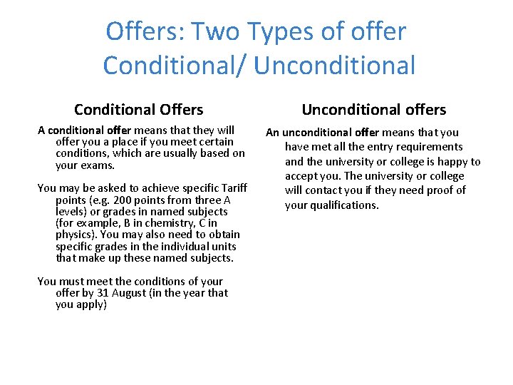 Offers: Two Types of offer Conditional/ Unconditional Conditional Offers Unconditional offers A conditional offer
