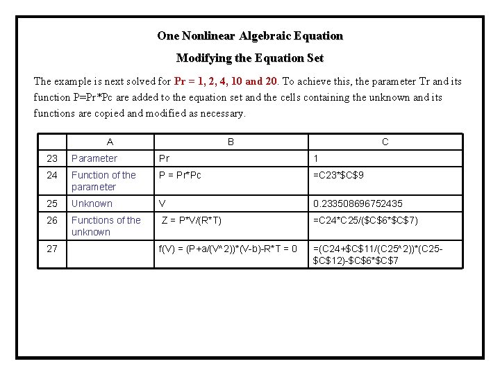 One Nonlinear Algebraic Equation Modifying the Equation Set The example is next solved for