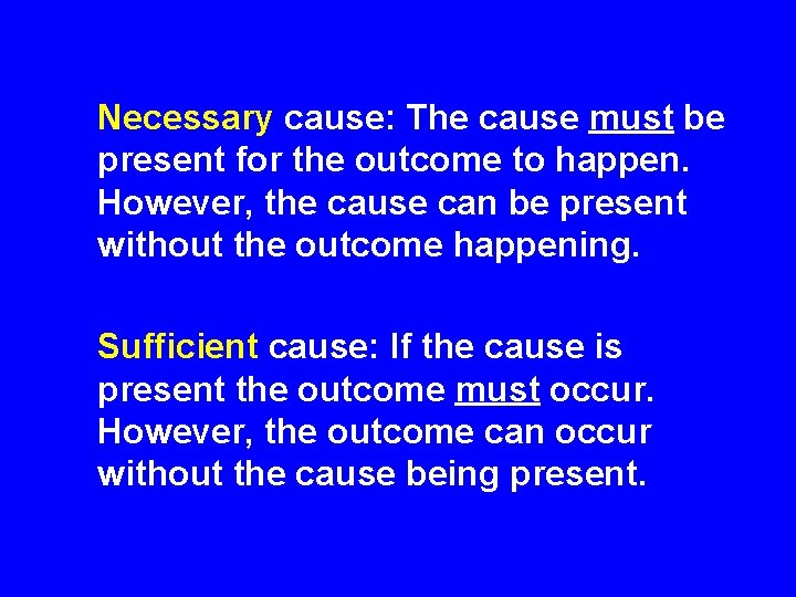 Necessary cause: The cause must be present for the outcome to happen. However, the