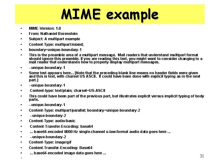 MIME example • • • • MIME-Version: 1. 0 From: Nathaniel Borenstein Subject: A