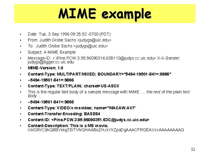 MIME example • • • • Date: Tue, 3 Sep 1996 09: 25: 52