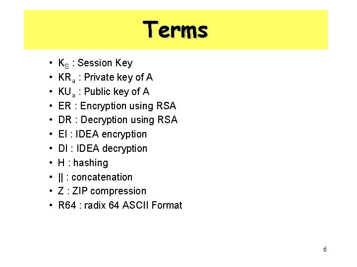 Terms • • • KS : Session Key KRa : Private key of A