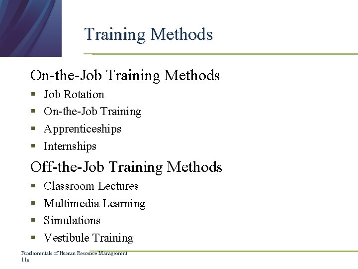 Training Methods On-the-Job Training Methods § § Job Rotation On-the-Job Training Apprenticeships Internships Off-the-Job Training Methods On-the-Job Training Methods § § Job Rotation On-the-Job Training Apprenticeships Internships Off-the-Job