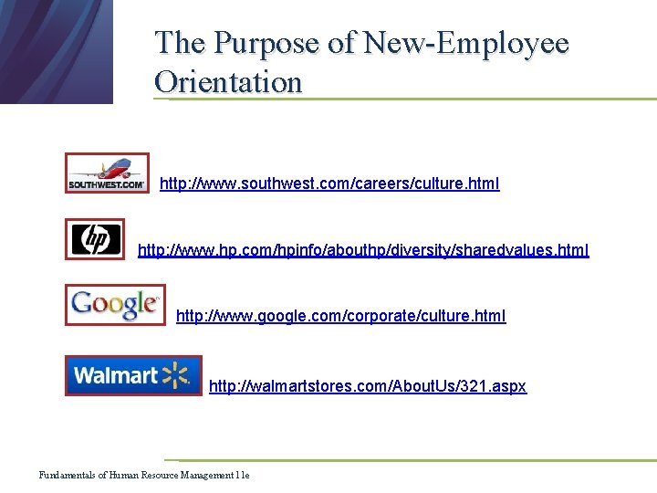 The Purpose of New-Employee Orientation http: //www. southwest. com/careers/culture. html http: //www. hp. com/hpinfo/abouthp/diversity/sharedvalues. The Purpose of New-Employee Orientation http: //www. southwest. com/careers/culture. html http: //www. hp. com/hpinfo/abouthp/diversity/sharedvalues.