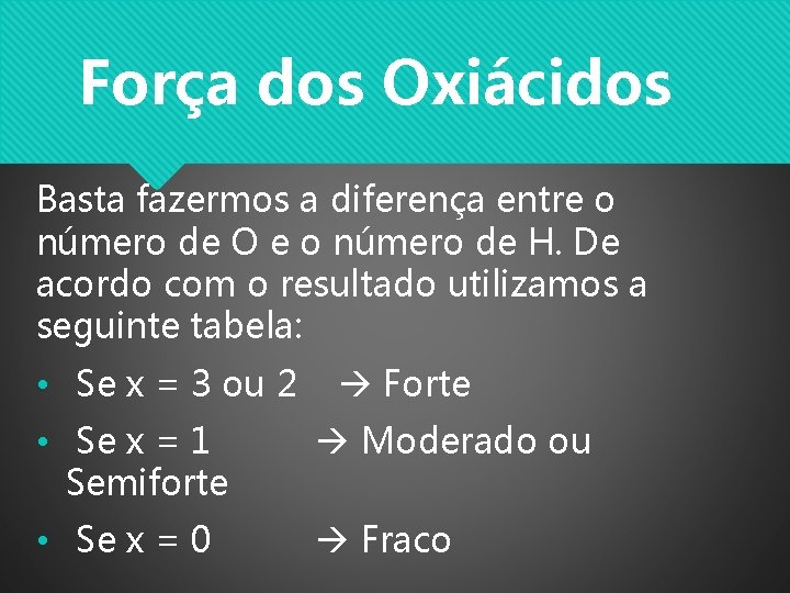 Força dos Oxiácidos Basta fazermos a diferença entre o número de O e o