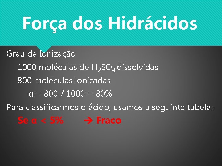 Força dos Hidrácidos Grau de Ionização 1000 moléculas de H 2 SO 4 dissolvidas Força dos Hidrácidos Grau de Ionização 1000 moléculas de H 2 SO 4 dissolvidas