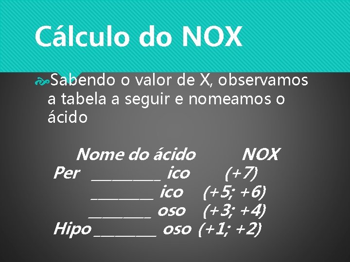 Cálculo do NOX Sabendo o valor de X, observamos a tabela a seguir e