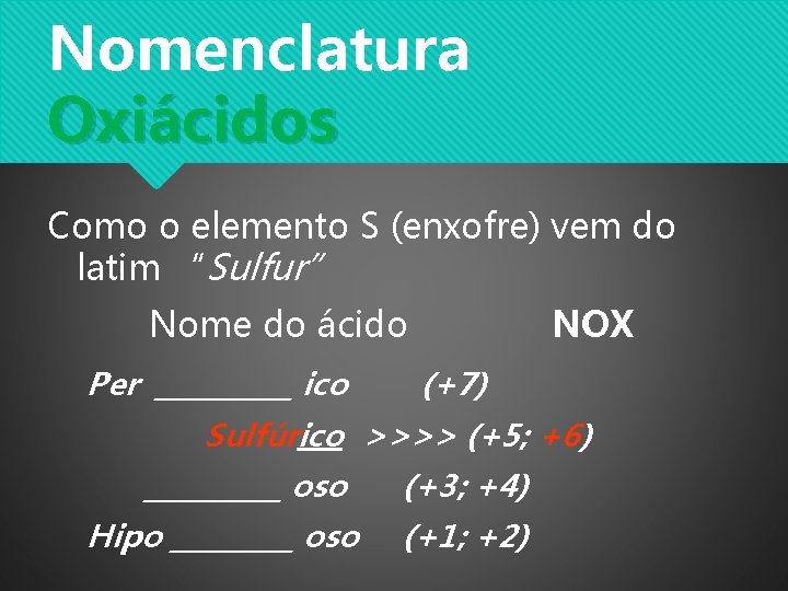 Nomenclatura Oxiácidos Como o elemento S (enxofre) vem do latim “Sulfur” Nome do ácido