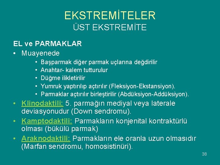 EKSTREMİTELER ÜST EKSTREMİTE EL ve PARMAKLAR • Muayenede • • • Başparmak diğer parmak