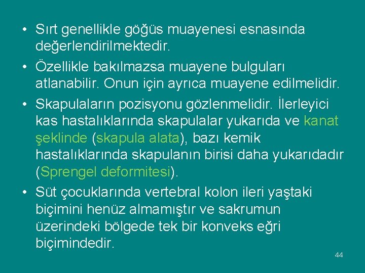  • Sırt genellikle göğüs muayenesi esnasında değerlendirilmektedir. • Özellikle bakılmazsa muayene bulguları atlanabilir.