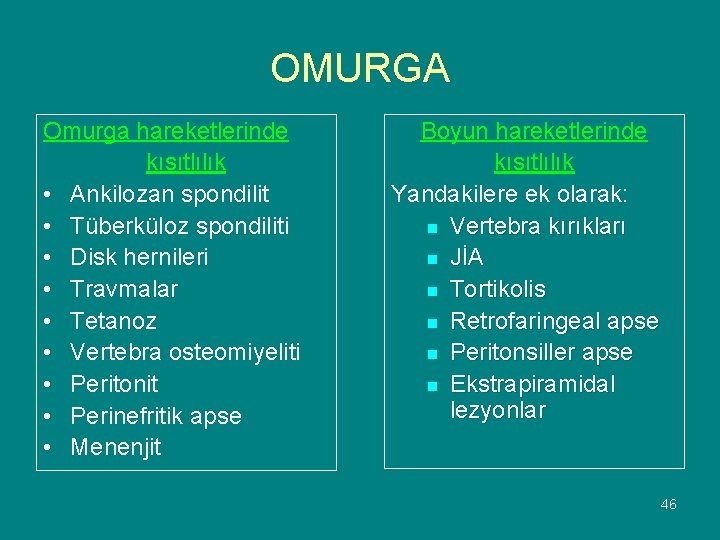 OMURGA Omurga hareketlerinde kısıtlılık • Ankilozan spondilit • Tüberküloz spondiliti • Disk hernileri •