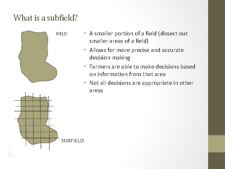 What is a subfield? • A smaller portion of a field (dissect out smaller